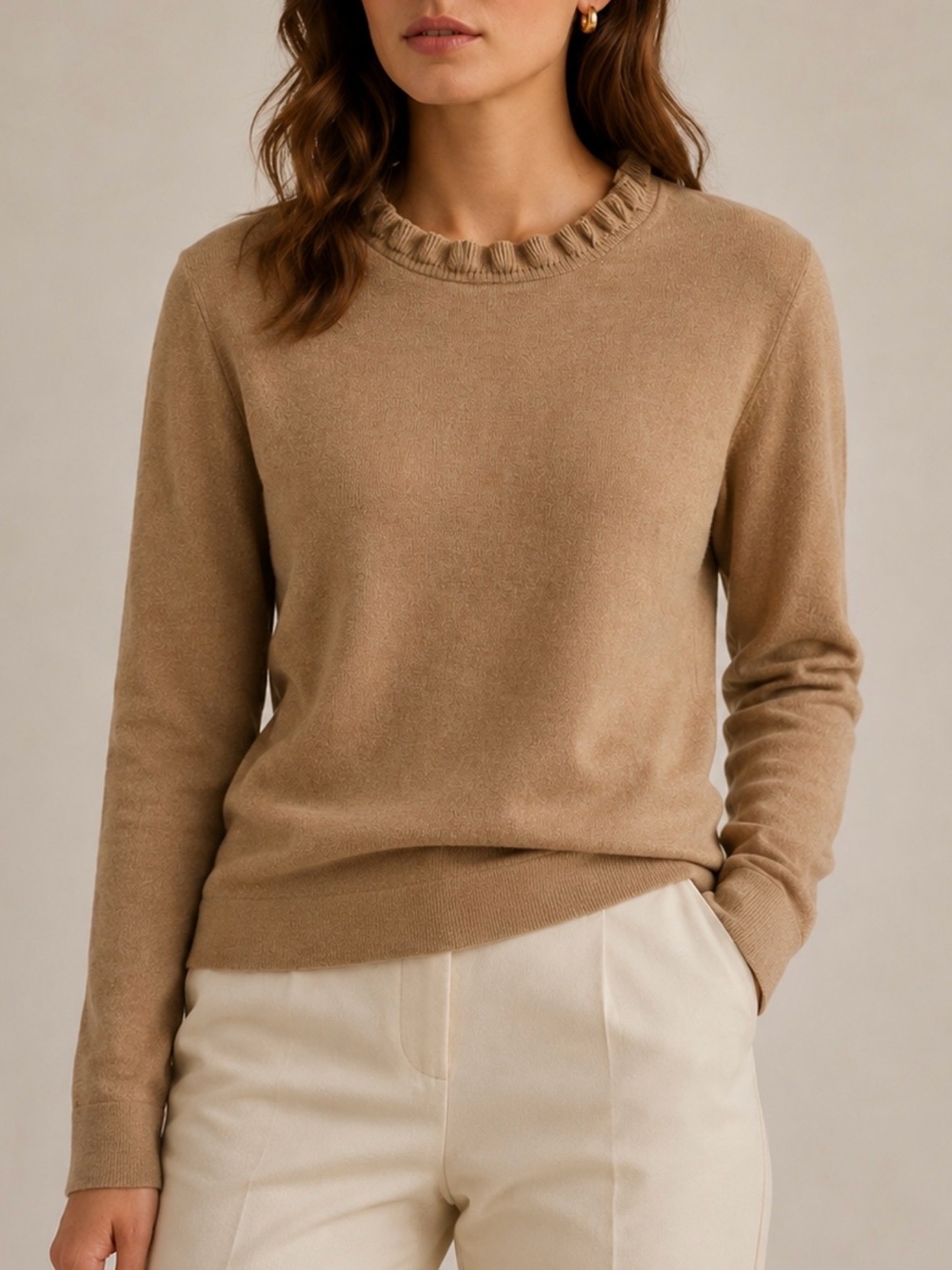 J. Crew Tan Ruffle-Neck Knit Sweater